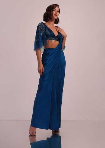 Blue Hand Embroidered Ready Pleated Saree And Blouse In Crepe