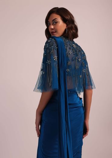 Blue Hand Embroidered Ready Pleated Saree And Blouse In Crepe