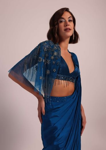 Blue Hand Embroidered Ready Pleated Saree And Blouse In Crepe