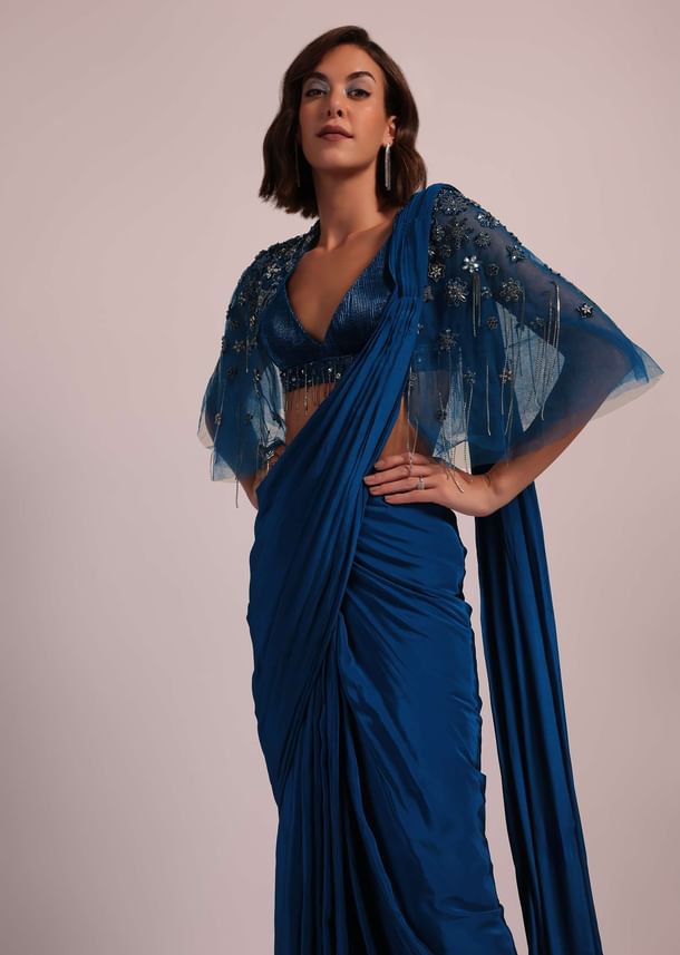 Blue Hand Embroidered Ready Pleated Saree And Blouse In Crepe