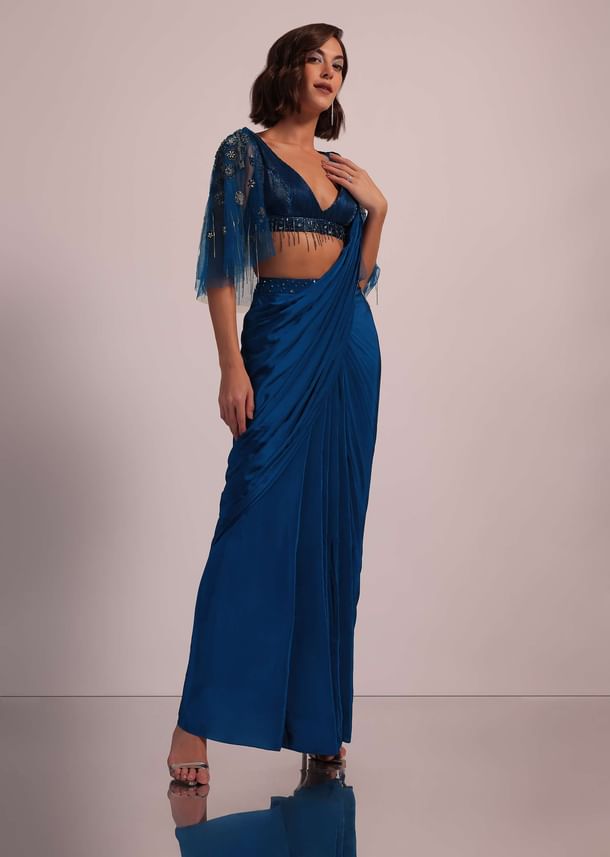 Blue Hand Embroidered Ready Pleated Saree And Blouse In Crepe