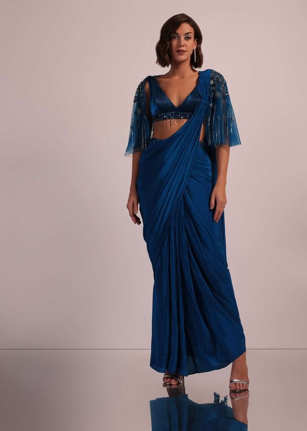 Blue Hand Embroidered Ready Pleated Saree And Blouse In Crepe