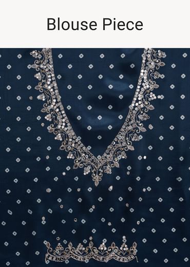 Blue Indigo Mirror And Ajrakh Print Embroidered Saree