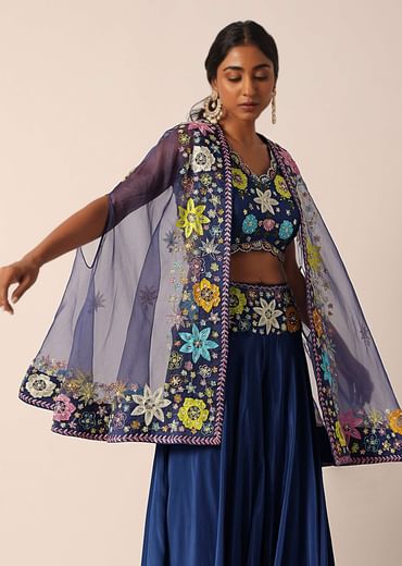 Blue Jacket And Palazzo Set With Floral Motif Embroidery