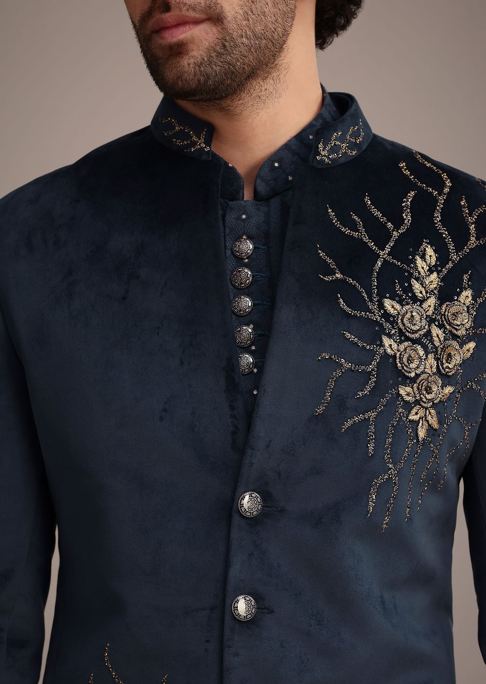 Blue Jacquard Kurta Jacket Set With Broach