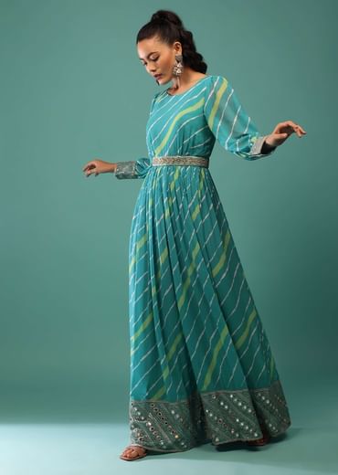Blue Jumpsuit With Leheriya Print And Mirror Work