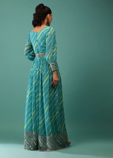 Blue Jumpsuit With Leheriya Print And Mirror Work