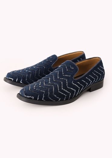 Blue Juttis In Velvet with Chevron Pattern