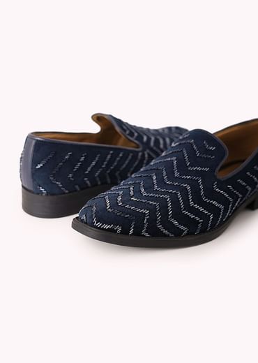 Blue Juttis In Velvet with Chevron Pattern