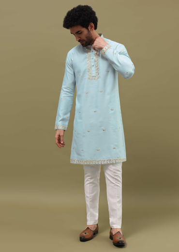 Blue Kurta Set With Abla Work For Men