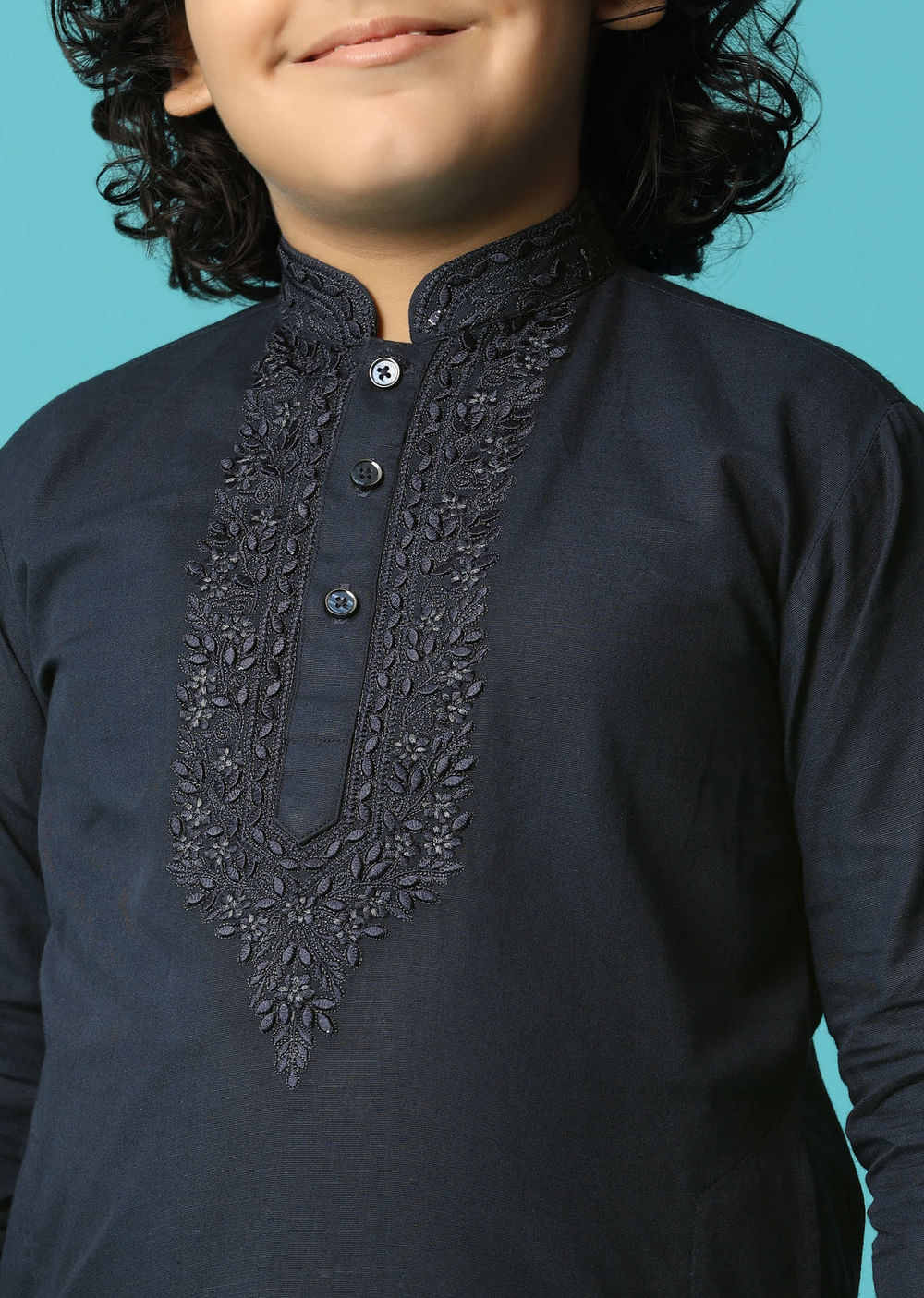 Blue Linen Kurta Pant With Resham Work For Boys
