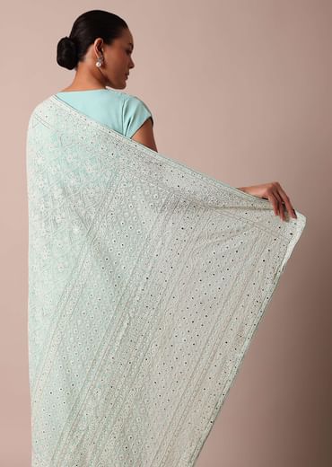 Blue Lucknowi Chikankari Saree With Sequin Work And Unstitched Blouse Piece