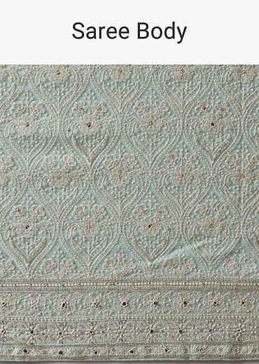 Blue Lucknowi Chikankari Saree With Sequin Work And Unstitched Blouse Piece
