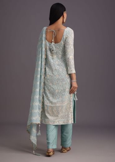 Blue Lucknowi Kurti Set With Resham Work Dupatta And Gotta Border