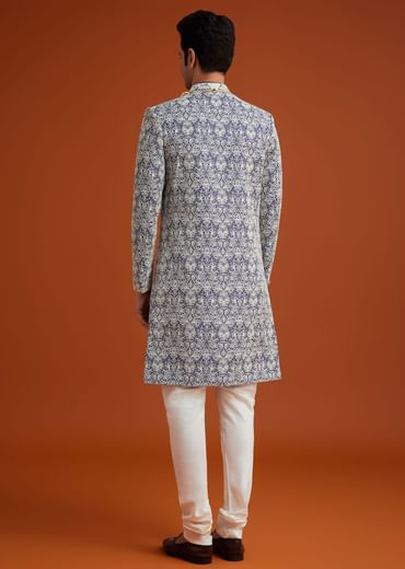 Blue Monga Silk Sherwani Set With Embroidery And Bead Work