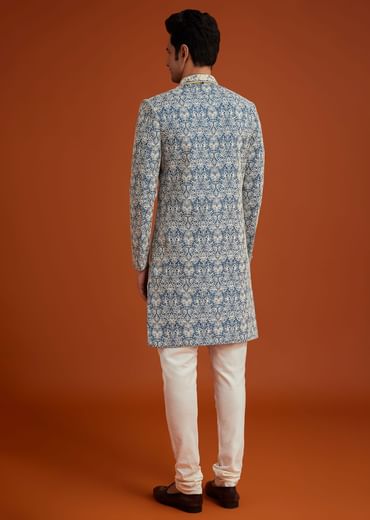 Blue Monga Silk Sherwani With Embroidery And Beadwork