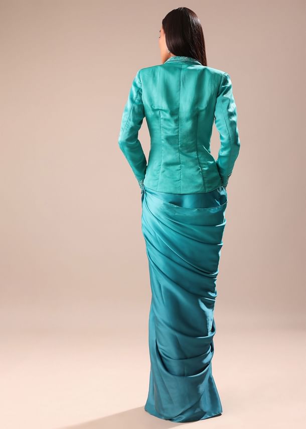 Blue Ombre Draped Skirt WIth Embroidered Jacket