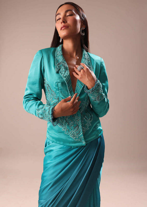 Blue Ombre Draped Skirt WIth Embroidered Jacket