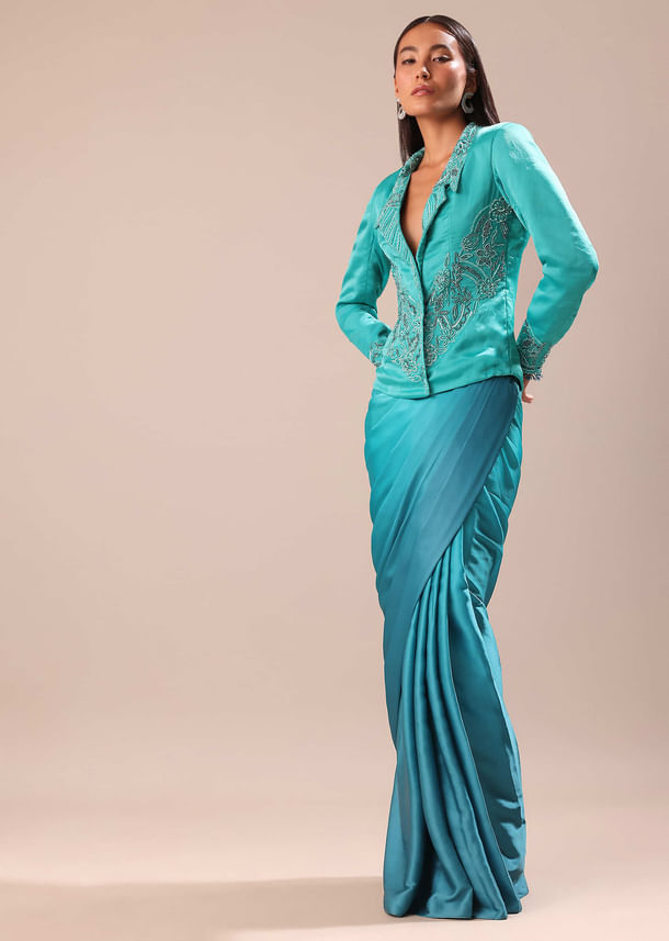 Blue Ombre Draped Skirt WIth Embroidered Jacket