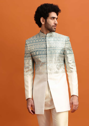 Blue Ombre Indowestern Set With Foil Work For Men