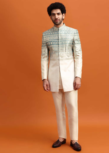 Blue Ombre Indowestern Set With Foil Work For Men