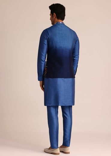 Blue Ombre Silk Jacket Set With Artistic Detailing