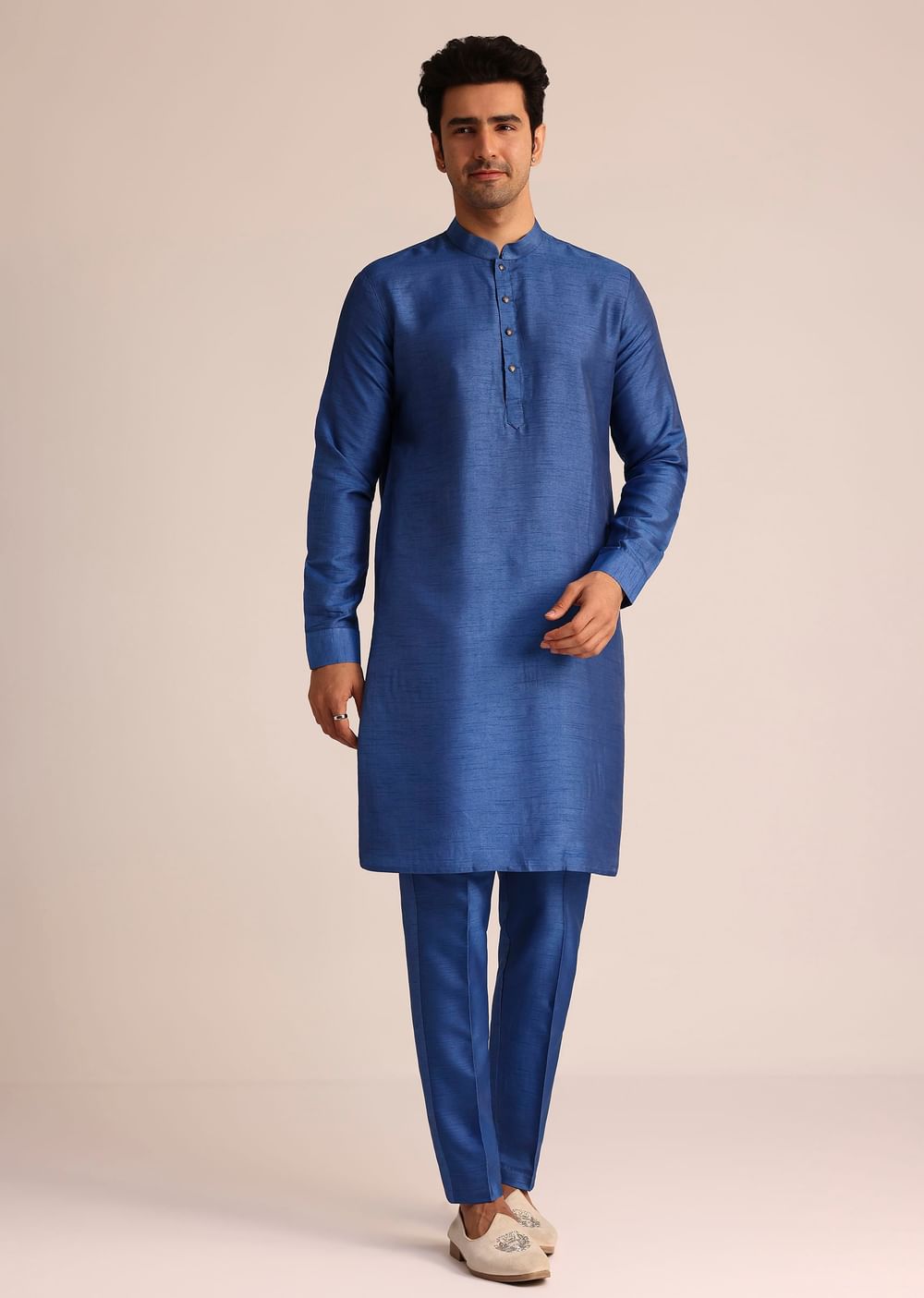 Blue Ombre Silk Jacket Set With Artistic Detailing