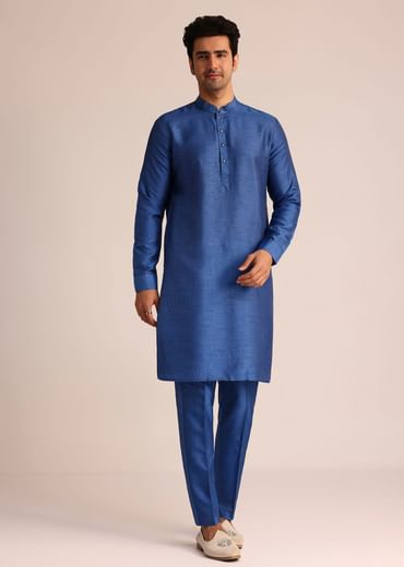 Blue Ombre Silk Jacket Set With Artistic Detailing