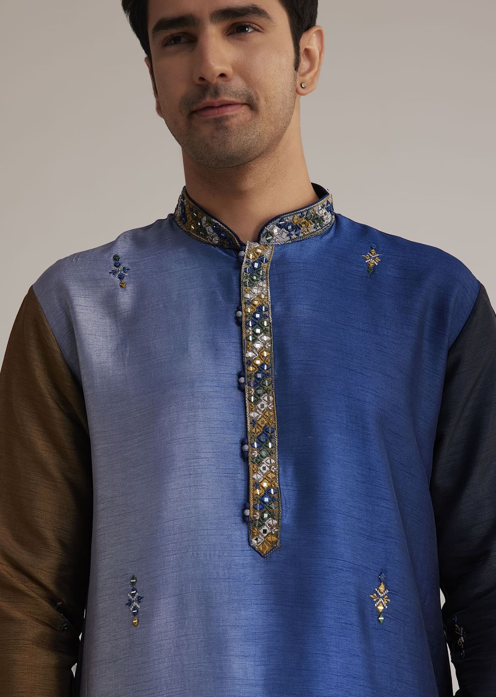 Blue Ombre Silk Kurta Set With Mirror Embellishments