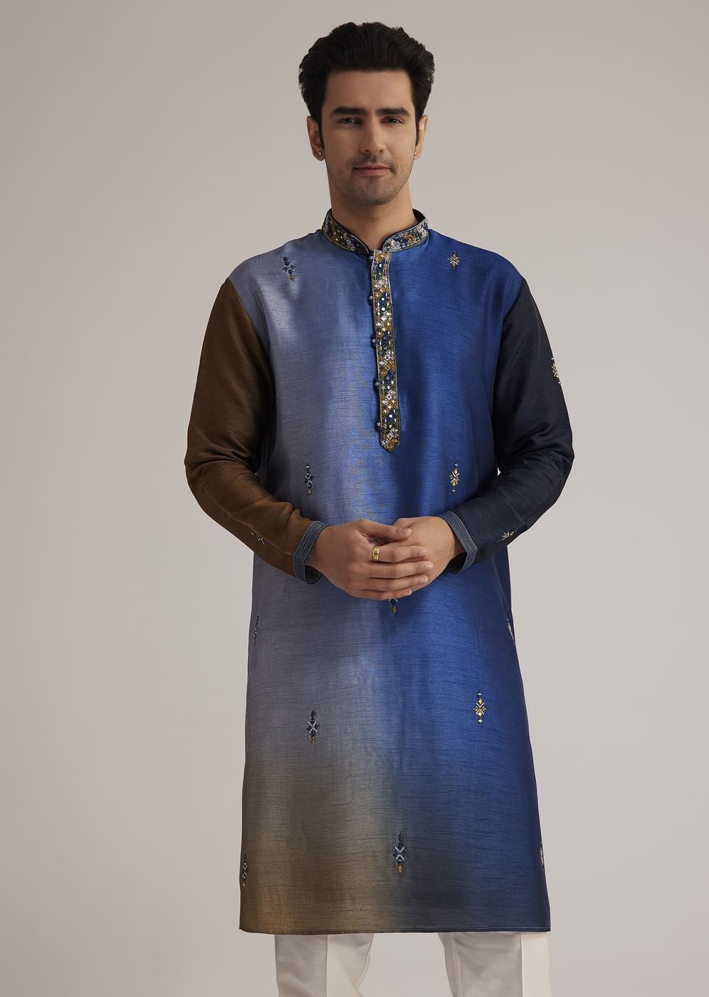 Blue Ombre Silk Kurta Set With Mirror Embellishments