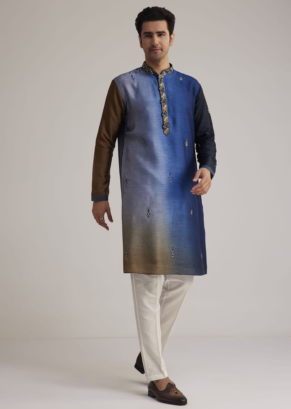 Blue Ombre Silk Kurta Set With Mirror Embellishments