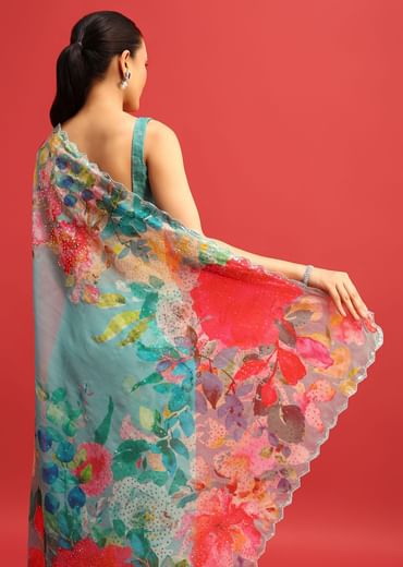Blue Organza Floral Printed Saree In Sequin With Unstitched Blouse