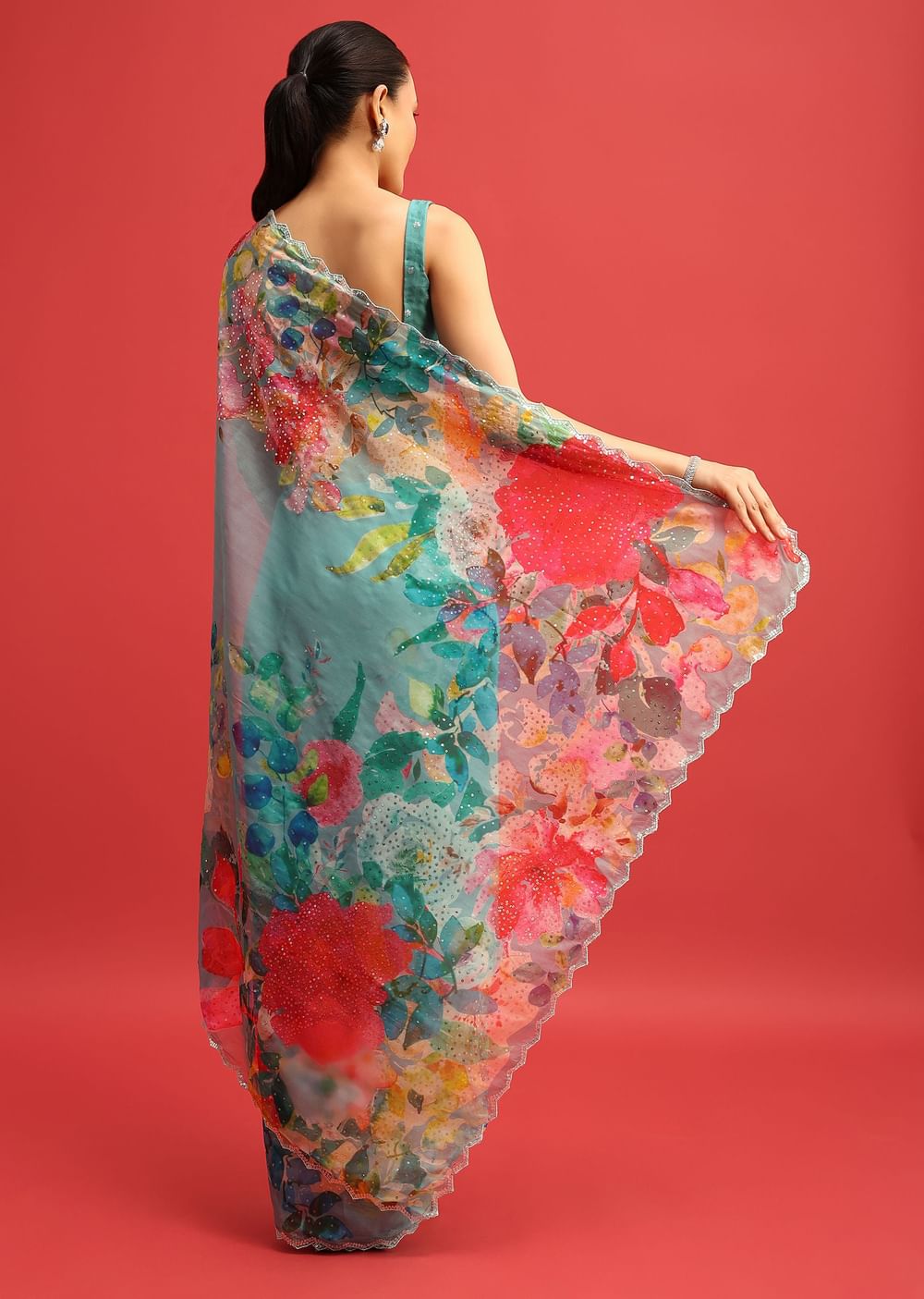 Blue Organza Floral Printed Saree In Sequin With Unstitched Blouse