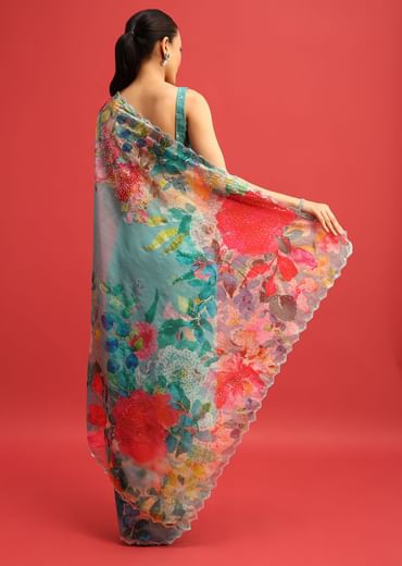 Blue Organza Floral Printed Saree In Sequin With Unstitched Blouse