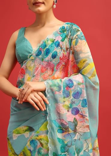 Blue Organza Floral Printed Saree In Sequin With Unstitched Blouse