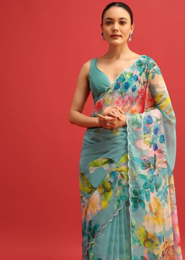 Blue Organza Floral Printed Saree In Sequin With Unstitched Blouse