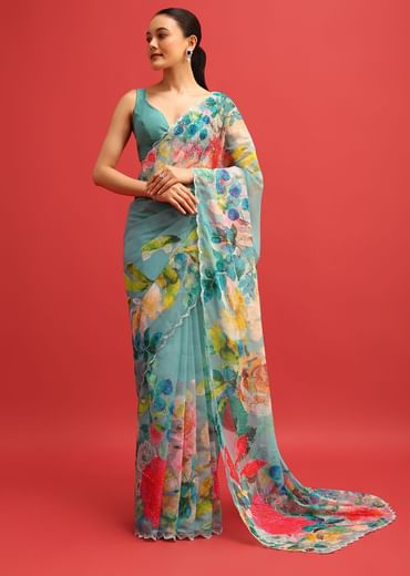 Blue Organza Floral Printed Saree In Sequin With Unstitched Blouse