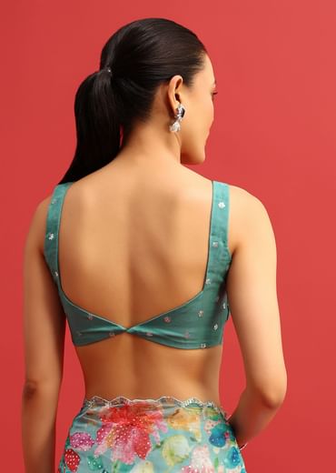 Blue Organza Floral Printed Saree In Sequin With Unstitched Blouse