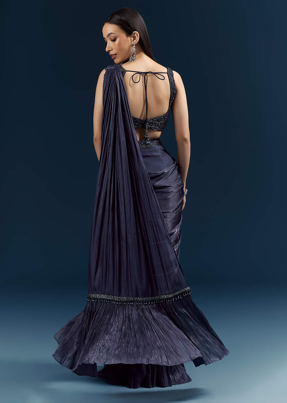 Blue Organza Ready Pleated Saree With Heavy Embroidery