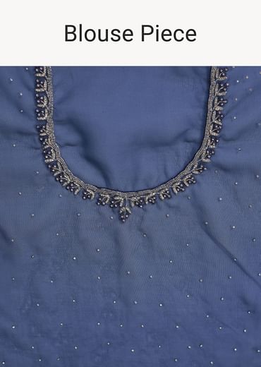 Blue Organza Saree With Stone Work And Unstitched Blouse Piece