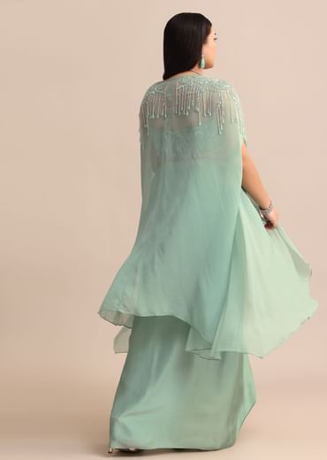 Blue Pleated Drape Skirt And Embellished Cape With Tassels