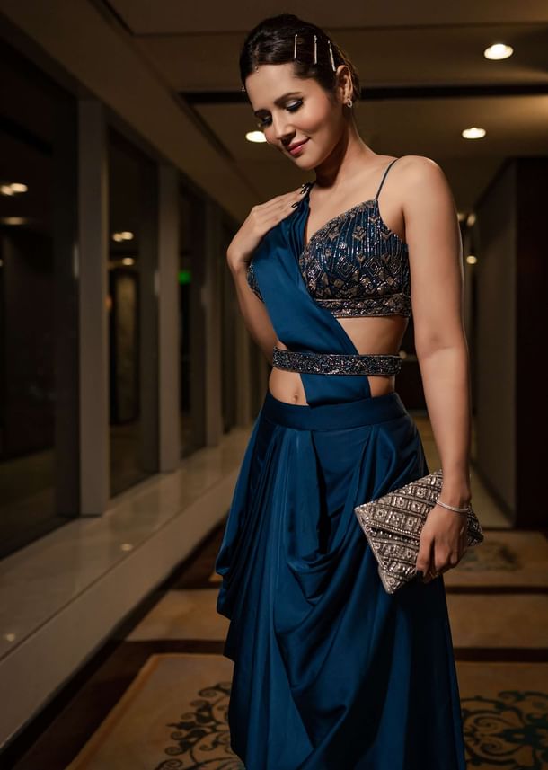 Persian Blue Pre-Pleated Satin Saree With Embroidered Blouse And Belt