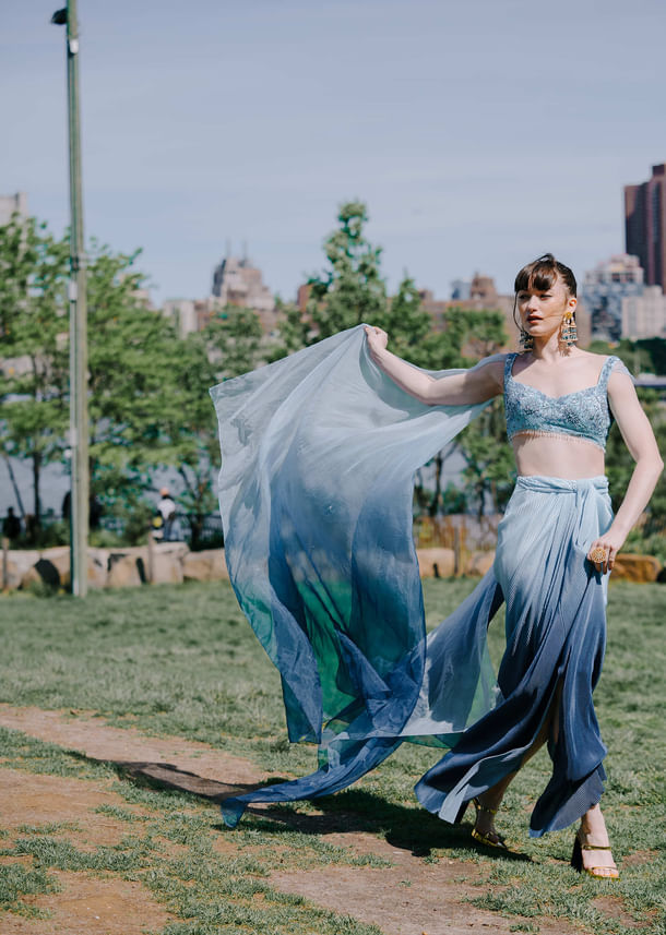 Blue Pre Pleated Twisted Skirt And Blouse With Attched Cape