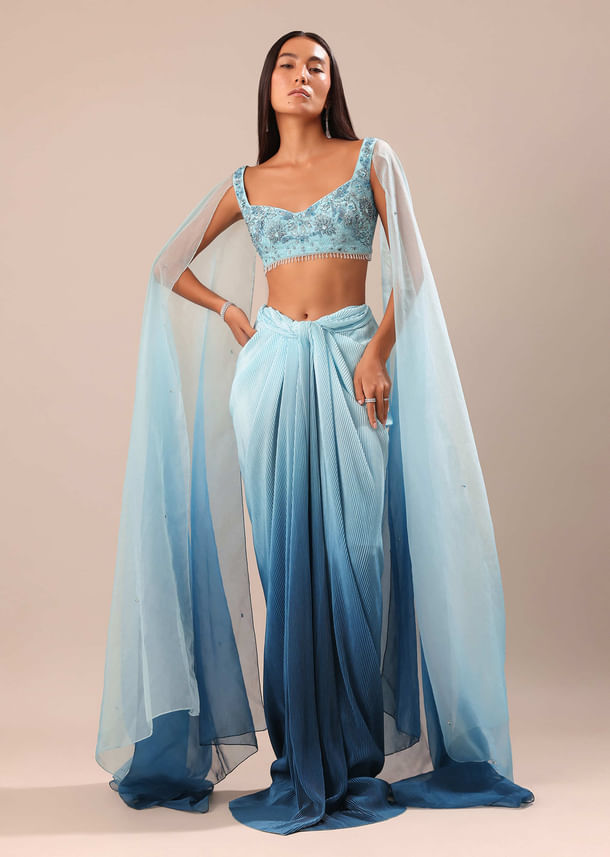 Blue Pre Pleated Twisted Skirt And Blouse With Attched Cape