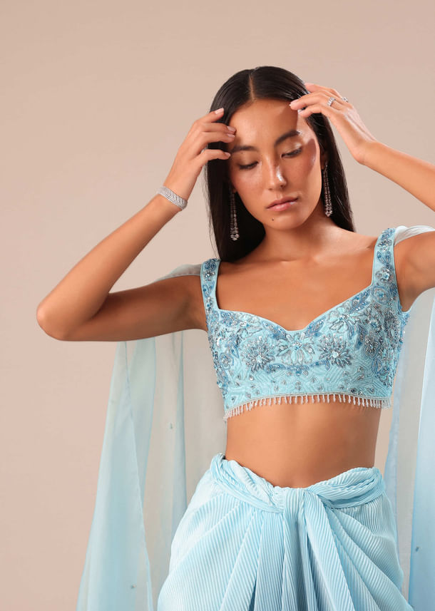 Blue Pre Pleated Twisted Skirt And Blouse With Attched Cape