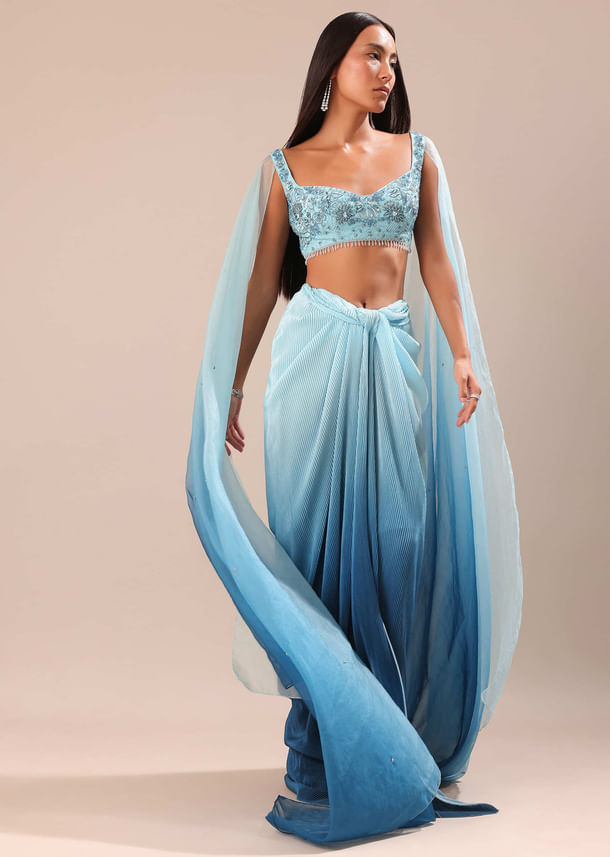 Blue Pre Pleated Twisted Skirt And Blouse With Attched Cape