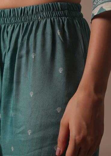 Blue Printed Cotton Kurta Pant Set