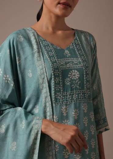 Blue Printed Cotton Kurta Pant Set