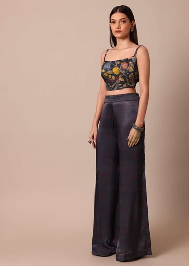 Blue Printed Festive Crop Top With Embroidered Jacket And Palazzo Set