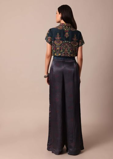 Blue Printed Festive Crop Top With Embroidered Jacket And Palazzo Set